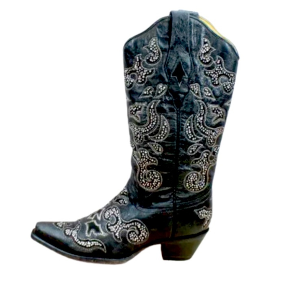 Corral Black Leather Inlay Crystals Western Boots
